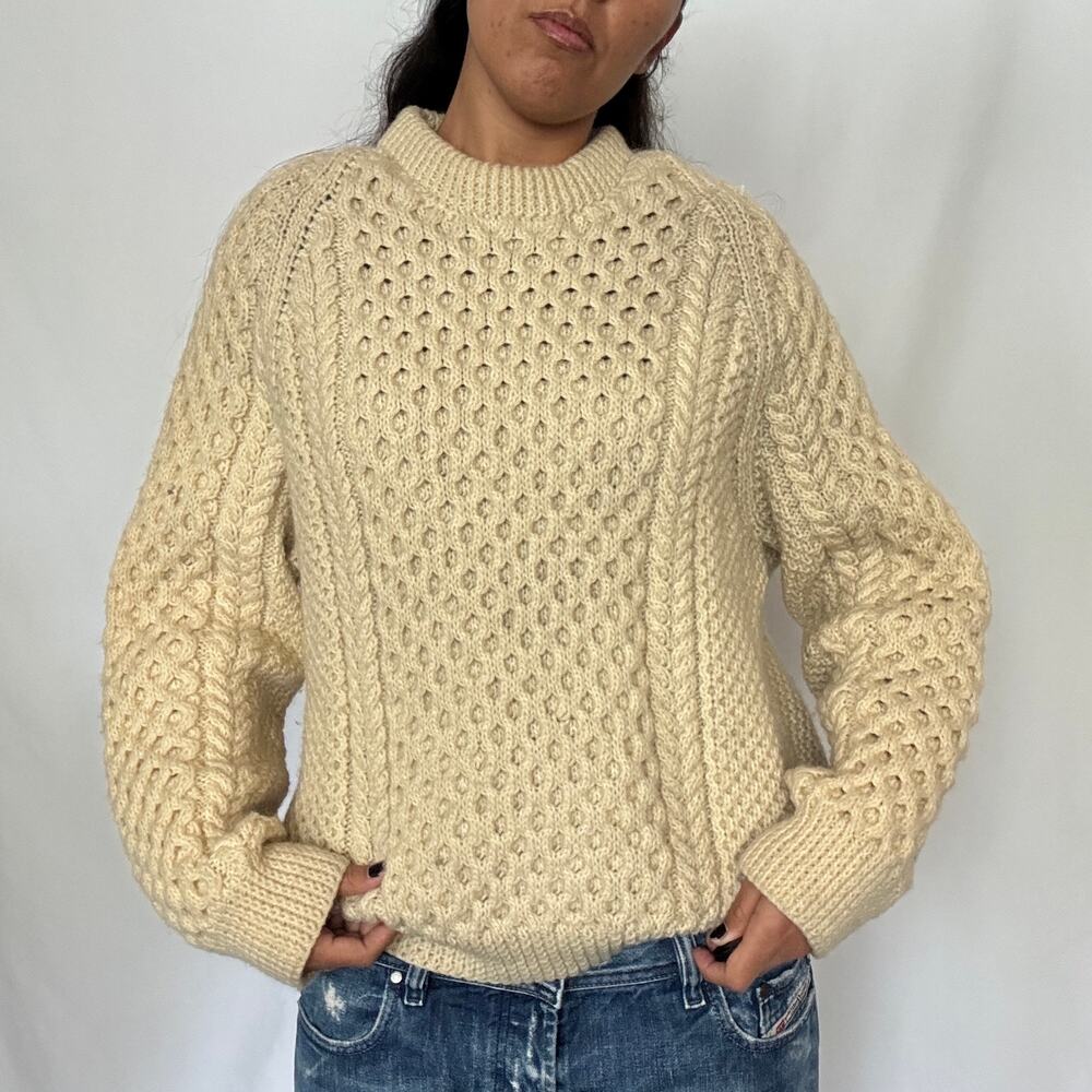 Vintage 70s Cream Heavyweight Aran Cable Knit Fisherman Wool Sweater Mens M